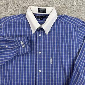 Faconnable Button Down Dress Shirt L Blue Plaid Cotton Made USA Contrast Collar